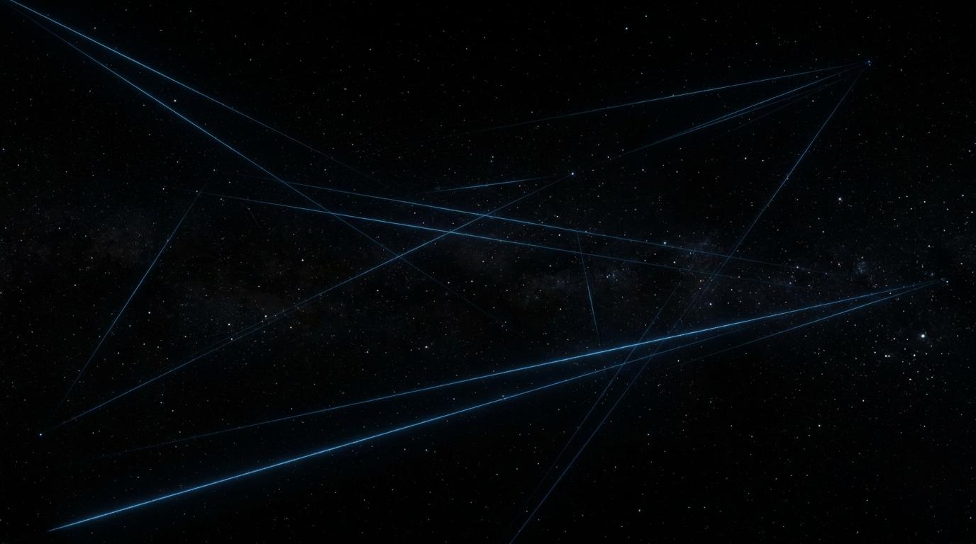 Deep space environment with thin electric blue laser beam traces connecting distant points across the black void, evoking satellite-to-satellite free-space optical communication links.