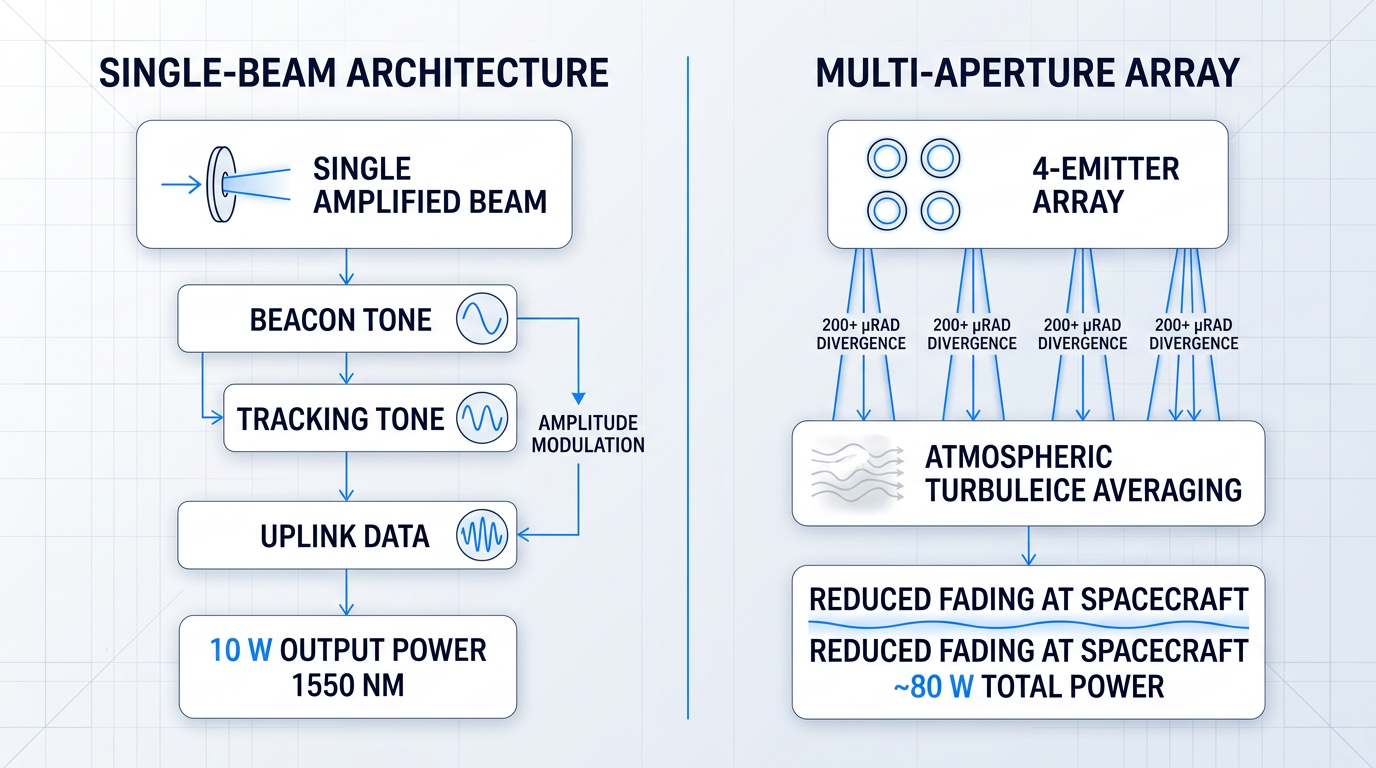 Side-by-side comparison of single-beam beacon-and-data architecture and four-emitter uplink array, showing amplitude modulation nesting beacon, tracking, and data signals in one 10W beam versus distributed apertures reducing atmospheric fading to 80W total power.