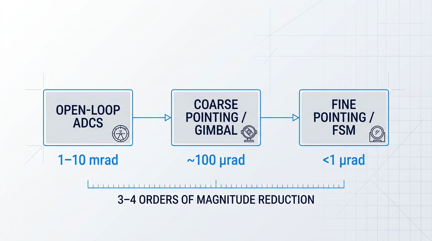 Three-stage PAT architecture flow diagram: Open-loop ADCS (1–10 mrad uncertainty), coarse pointing gimbal (~100 µrad), fine pointing FSM (<1 µrad), with arrows showing 3–4 orders of magnitude reduction.