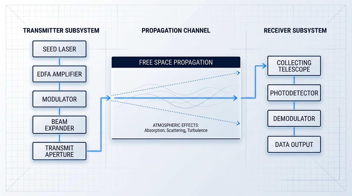 Free-space optical communication signal chain showing three-stage architecture: transmitter subsystem with seed laser, EDFA amplifier, modulator, and beam expander; free space propagation channel with atmospheric effects; receiver subsystem with collecting telescope, photodetector, and demodulator.