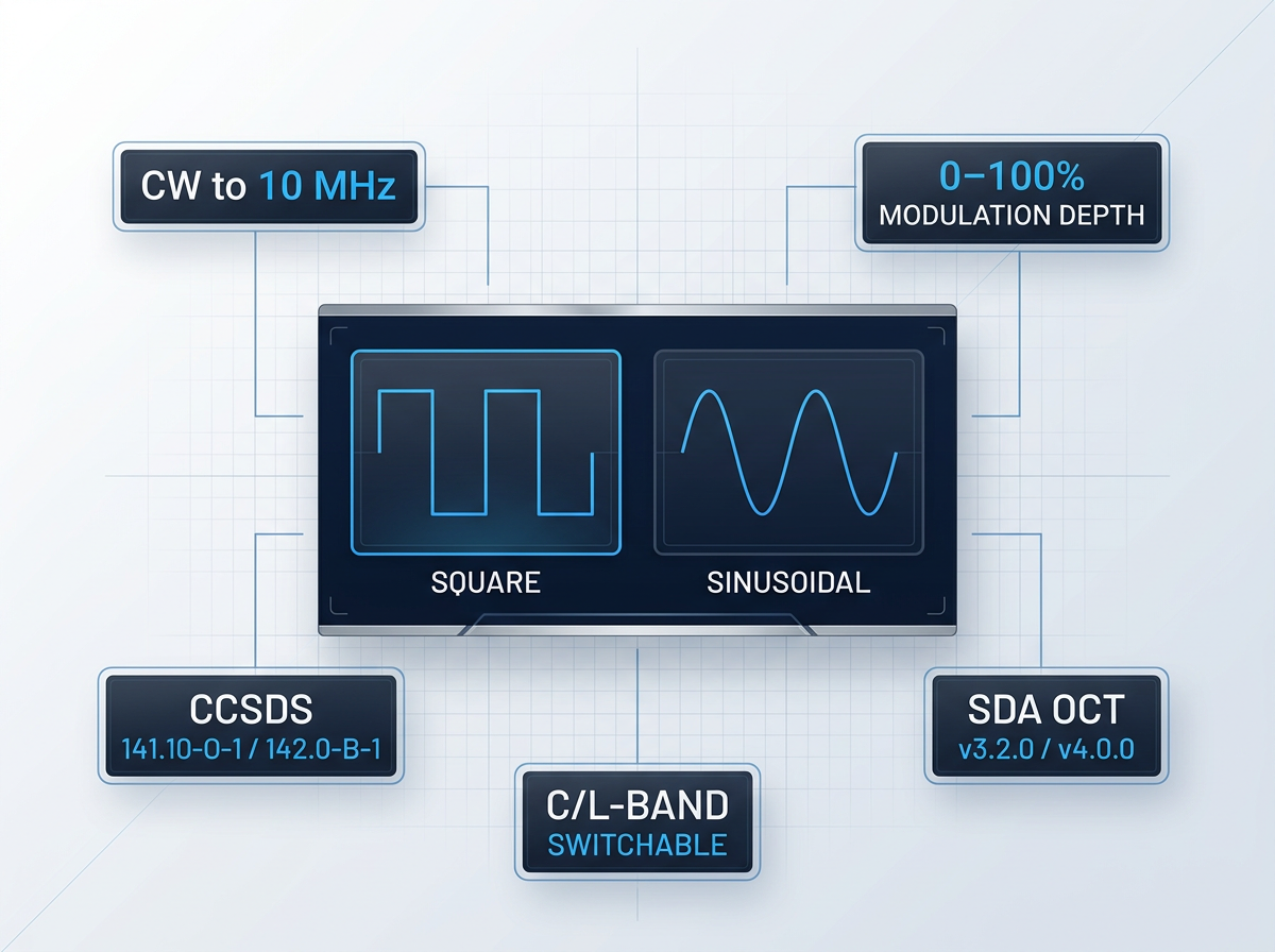 Software control panel interface showing square and sinusoidal waveform options with five configuration badges displaying frequency range, modulation depth, standards compatibility, and band switchability for free-space optical communication amplifiers.