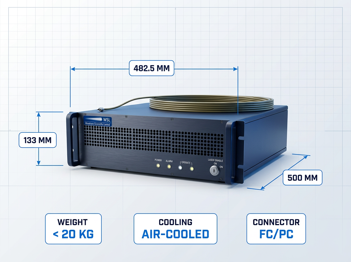 3U 19-inch rack-mounted EDFA amplifier with front-and-side perspective, dimension callouts showing 482.5 mm width, 500 mm depth, 133 mm height, and specification badges for weight, cooling method, and connector type.
