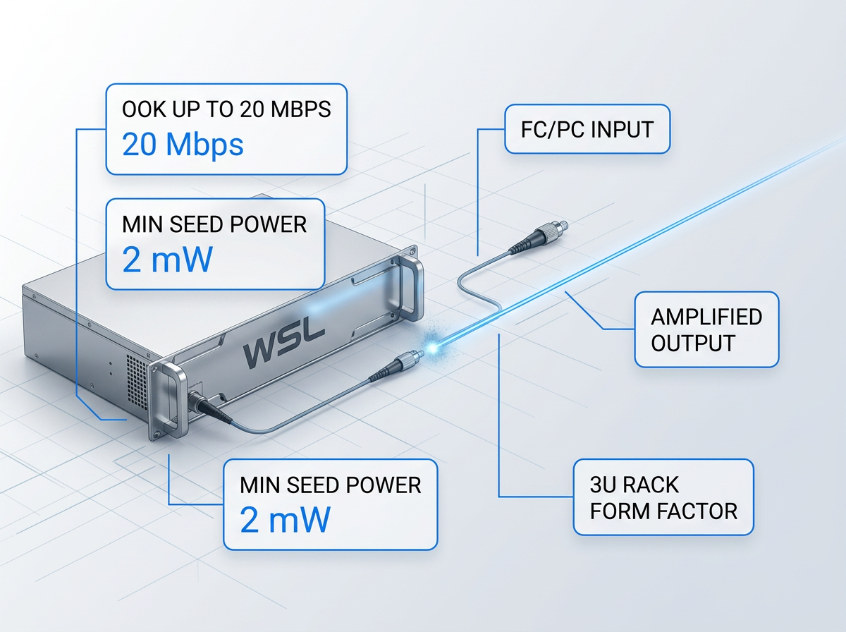 EDFA amplifier unit with FC/PC input connector and amplified laser beam output path, annotated with OOK modulation, seed power, and form factor specifications for free-space optical communication integration.
