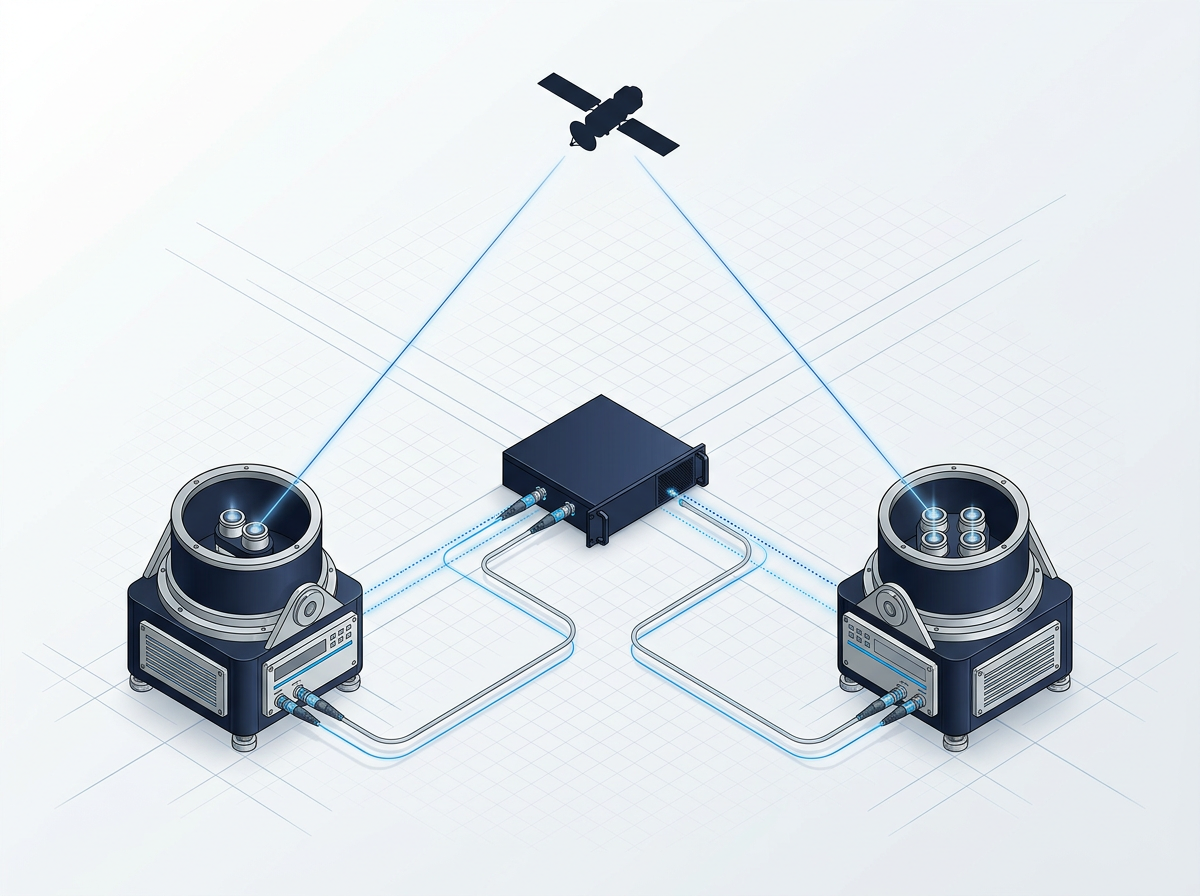 Technical schematic of two ground station nodes with 2-emitter and 4-emitter arrays, connected through central amplifier unit via synchronisation signal line, with beam paths projecting toward satellite silhouette.