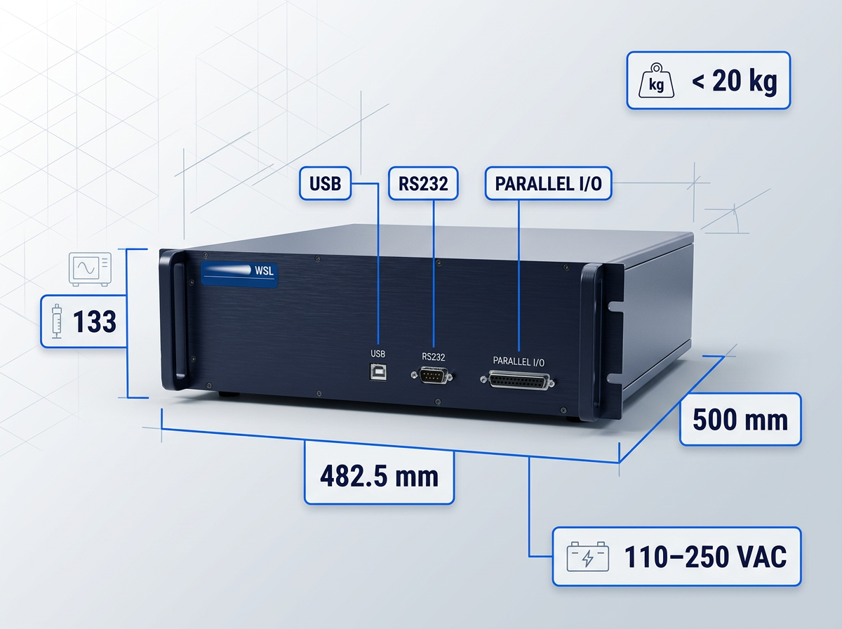 Front view of 3U 19-inch rack-mounted EDFA amplifier with dimension callouts: 482.5 mm width, 500 mm depth, 133 mm height, weight badge under 20 kg, and interface labels for USB, RS232, Parallel I/O, and 110–250 VAC power supply.