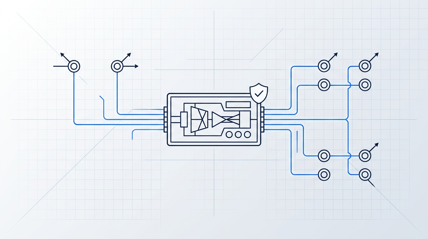 Technical schematic showing two and four emitter node arrays connected by electric blue synchronisation lines to a central amplifier unit, with a built-in synchronisation badge indicating no additional hardware required.