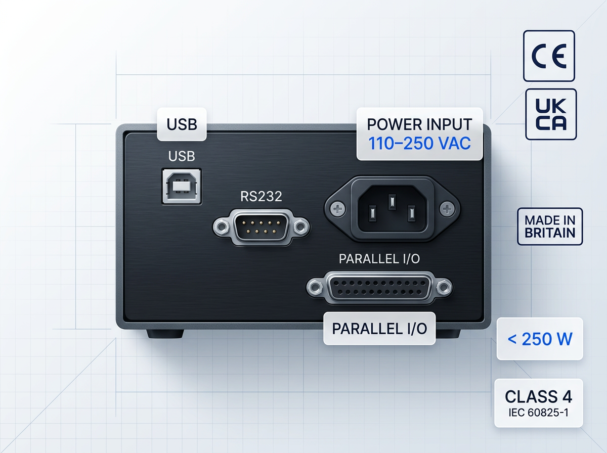 Rear interface panel of EDFA device showing three labeled connector ports (USB, RS232, Parallel I/O), power input (110–250 VAC, <250 W), and certification badges (CE, UKCA, Made in Britain, Class 4 IEC 60825-1).