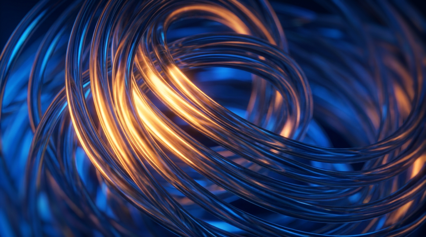 Abstract close-up of glowing erbium-doped fiber coils with warm amber and deep blue light, representing laser energy propagating through an optical gain medium.