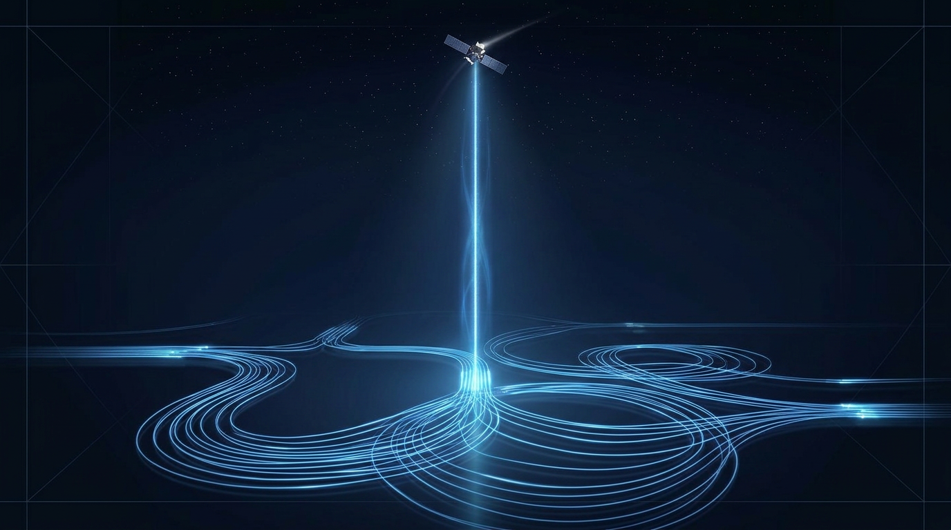 Dark technical laboratory environment with glowing electric blue optical fiber strands and upward-propagating laser beam, faint satellite silhouette at top edge representing free-space optical ground link.