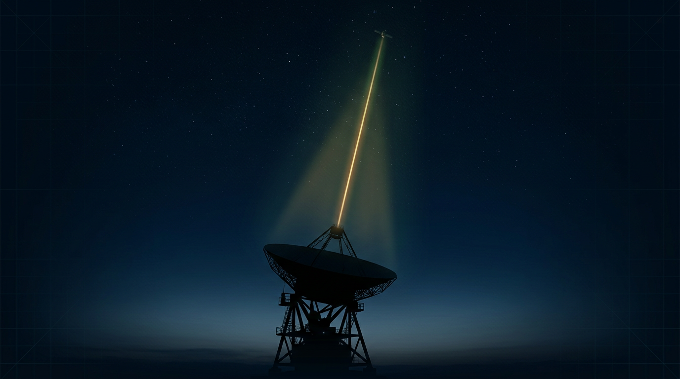 Night sky with starfield, ground-station telescope silhouette in lower frame directing a warm amber laser beam upward through atmospheric scattering toward distant space.