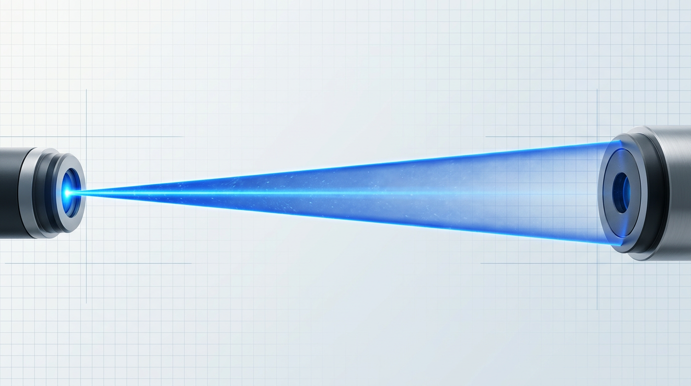 Laser beam propagating horizontally from transmitter to receiver across open space, showing divergence as the beam widens into a cone shape, with receiver aperture intercepting only a fraction of the spread beam.