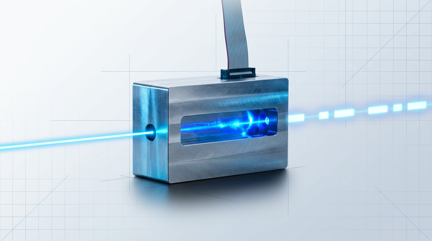 Optical modulator block with continuous-wave laser beam entering from left side and exiting modulated on right, intensity varying in binary pattern, electrical data signal input from top.