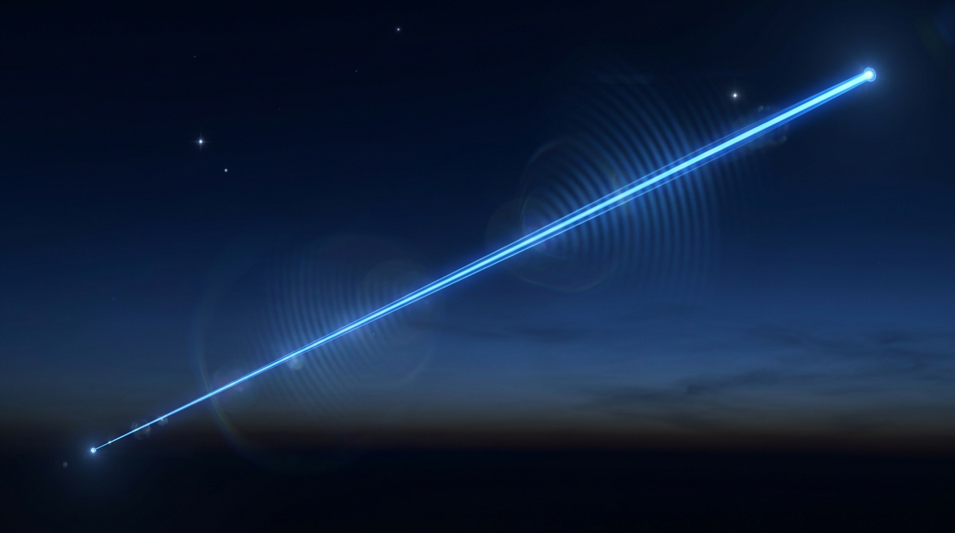 Deep-space backdrop with electric blue laser beam traveling diagonally across frame, originating from lower-left terminal node and reaching upper-right terminal node, with subtle optical interference fringes and diffraction effects suggesting coherent light transmission.