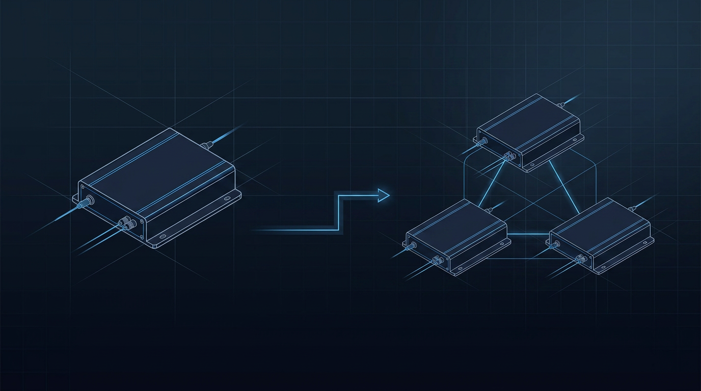 Technical diagram showing amplifier platform scalability: single ground station unit on left connected by arrow to three interconnected ground station nodes on right, demonstrating free-space optical communication network architecture.