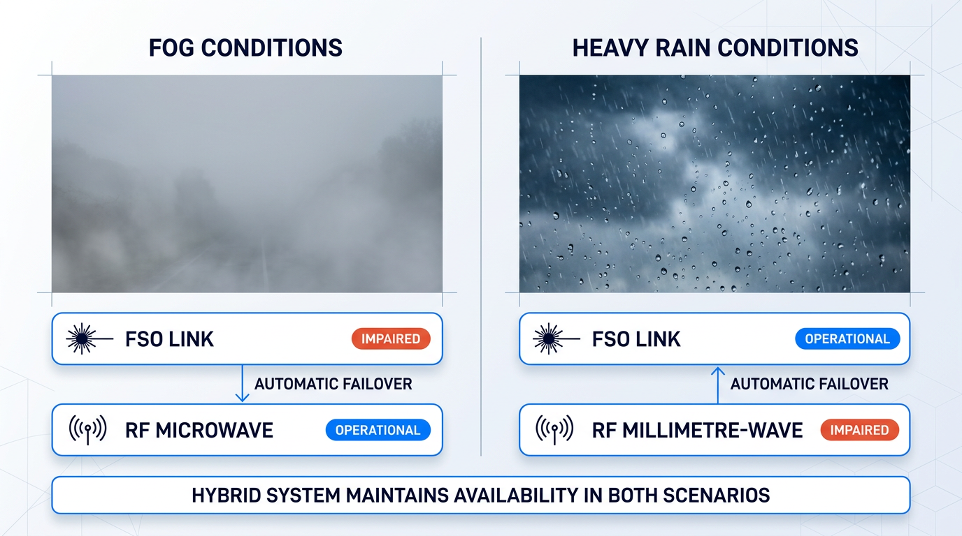 Split-screen comparison showing fog conditions (FSO link impaired, RF microwave link operational) versus heavy rain conditions (FSO link operational, RF millimetre-wave link impaired), with automatic failover arrows and a hybrid system status bar indicating continuous availability in both scenarios.