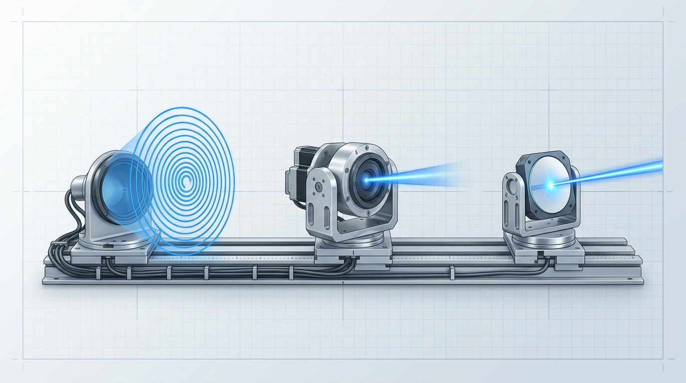 Three-stage PAT cascade showing acquisition spiral scan pattern, motorized gimbal coarse tracking, and fast-steering mirror fine-lock stages in left-to-right progression on optical bench.