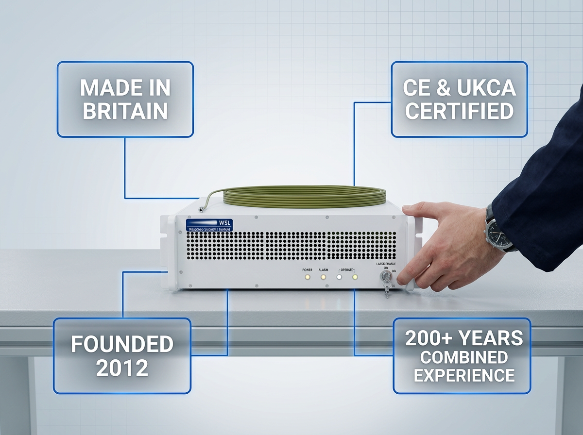 Precision EDFA module on a clean workbench with engineer's hand inspecting it, surrounded by four credential badges: Made in Britain, CE & UKCA Certified, Founded 2012, and 200+ Years Combined Experience.