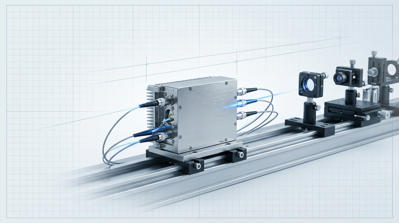 Fibre amplifier module on laboratory optical bench with visible connectors, precision optical components, and mounting rails under cool directional lighting.
