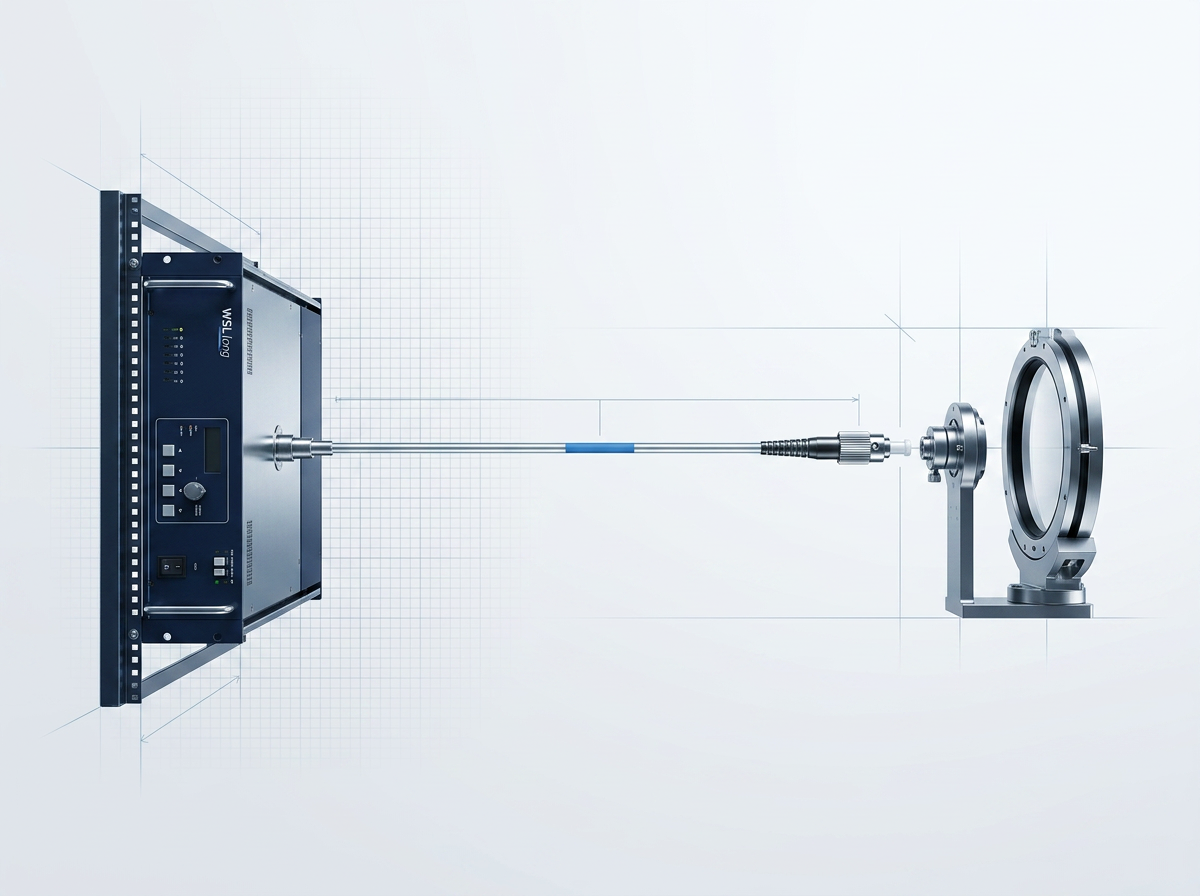 Side-view technical illustration of ground-station fibre-optic delivery system: 3U rack-mounted EDFA amplifier on left connected via 10-meter fibre cable to telescope aperture assembly on right, with FC/PC connector and optical isolator at junction point.