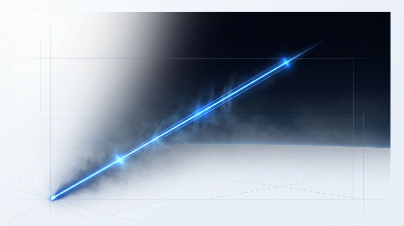 Collimated laser beam propagating upward through atmospheric haze from ground toward space, demonstrating active free-space optical communication with electric blue luminescence and realistic scattering effects.