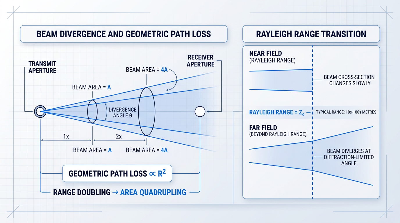 Two-panel technical diagram showing beam divergence physics: left panel depicts transmit aperture emitting cone-shaped beam widening with distance, receiver aperture capturing fraction of expanded beam, annotations showing quadrupling of beam area at doubled range; right panel shows Rayleigh range transition from collimated near-field to diverging far-field regime.