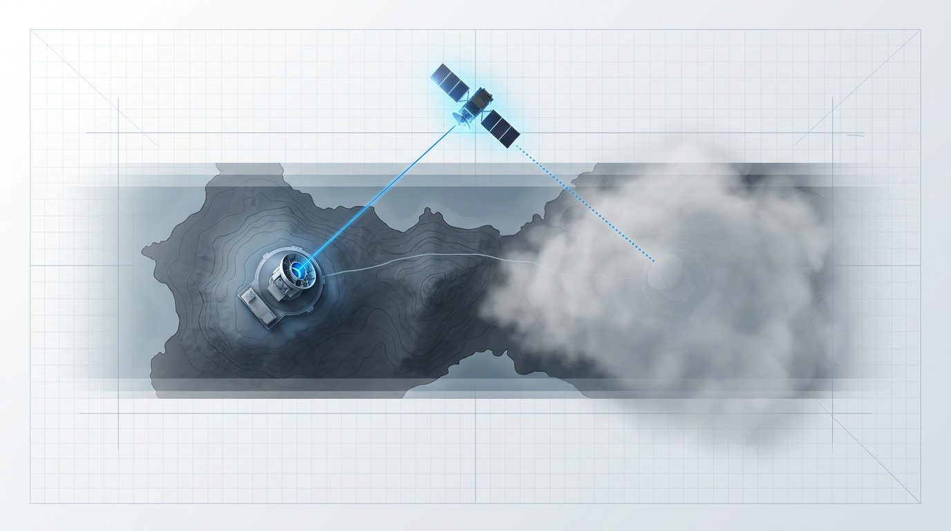 Top-down map view of two ground stations 500-800 km apart: left station with clear optical link to satellite shown by electric blue beam, right station obscured by cloud layer with blocked connection indicated by dotted line.