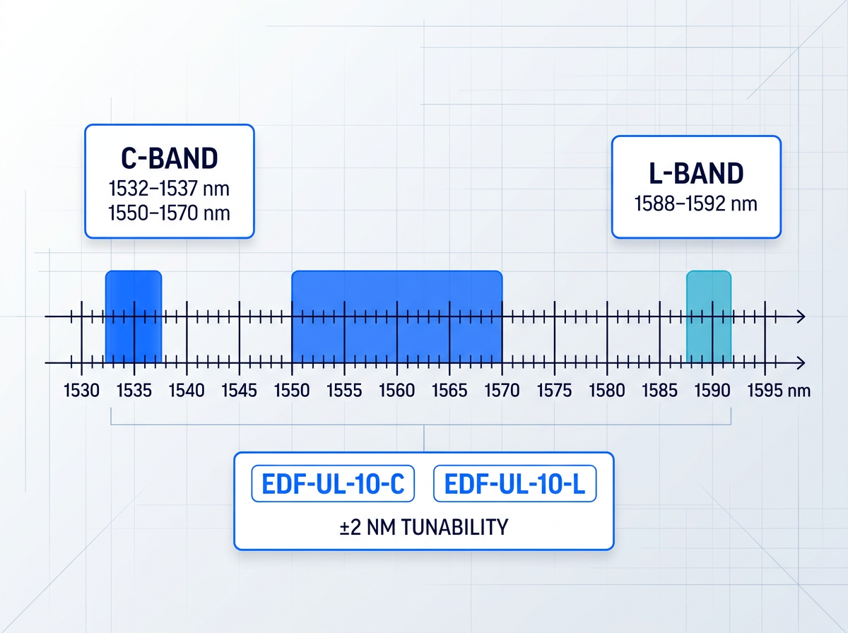 Spectral wavelength diagram showing C-band (1532–1537 nm and 1550–1570 nm) and L-band (1588–1592 nm) regions highlighted in blue on a horizontal nanometer axis, with model badges EDF-UL-10-C and EDF-UL-10-L and ±2 nm tunability range labeled below.
