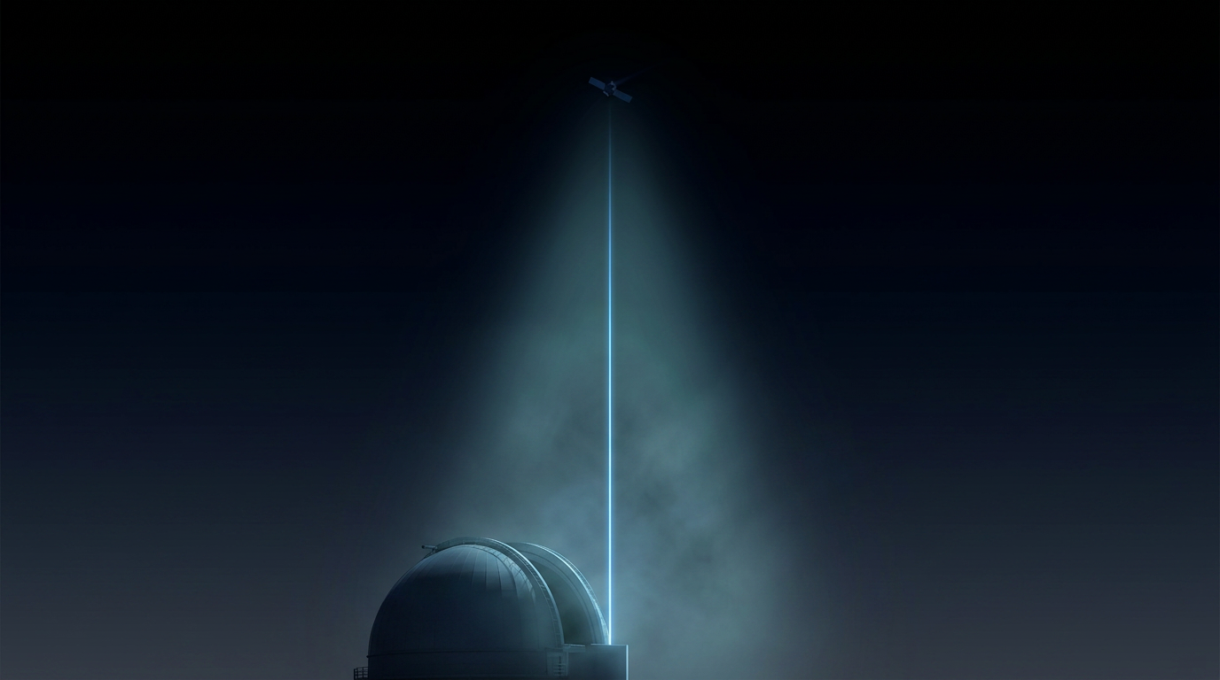 Night sky with upward-directed electric blue laser beam emanating from ground telescope aperture toward faint satellite silhouette, atmospheric glow in cool teal surrounding beam path.