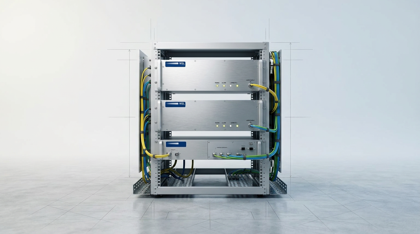 19-inch rack-mounted equipment bay with three stacked Woodrow Scientific Limited EDFAs and interface hardware, neatly cabled with color-coded fiber-optic and electrical connectors routed vertically through professional cable management.