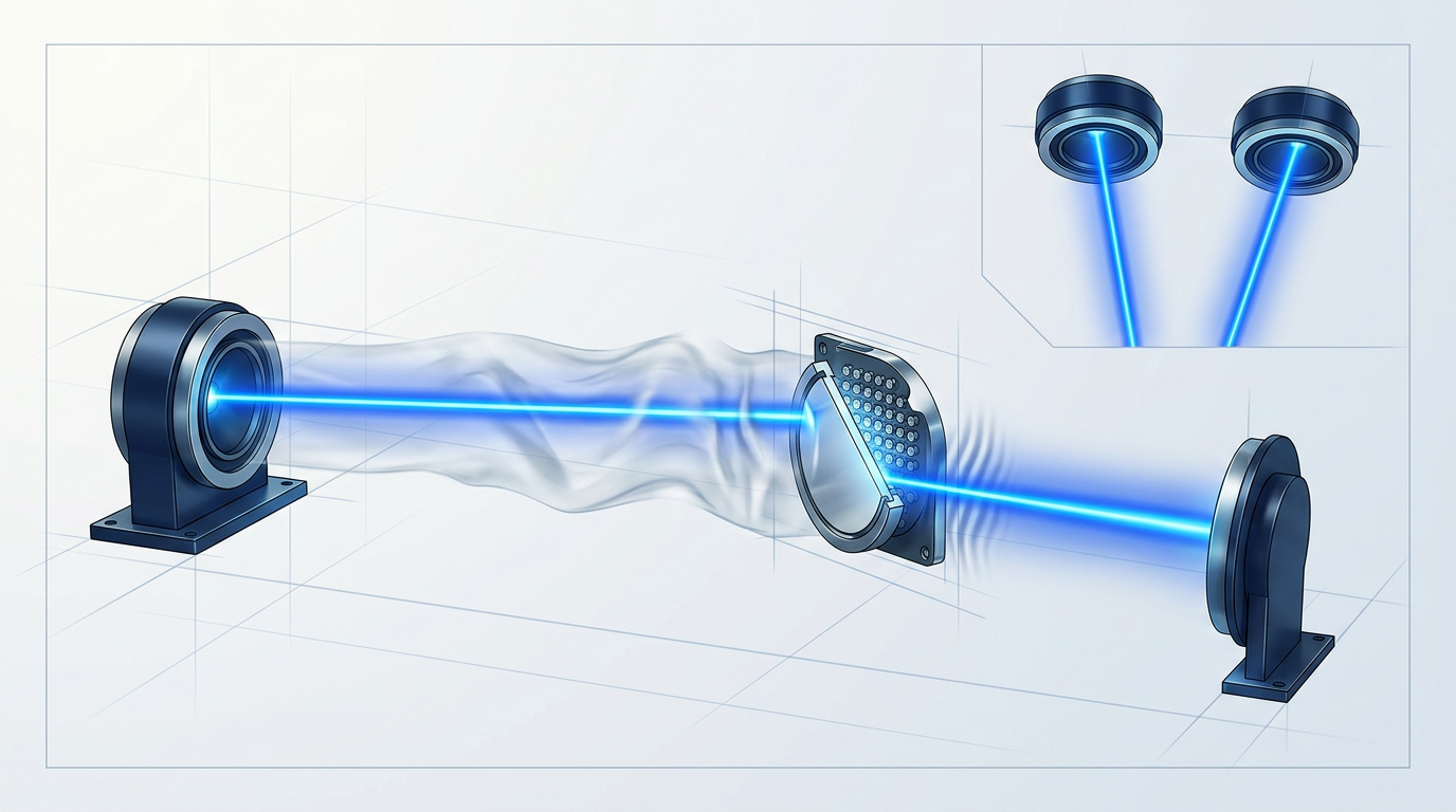 Cross-section of free-space optical communication system showing laser beam propagating through turbulent atmosphere with deformable mirror correction and receiver aperture, plus inset showing spatial diversity with two independent transmit beams.