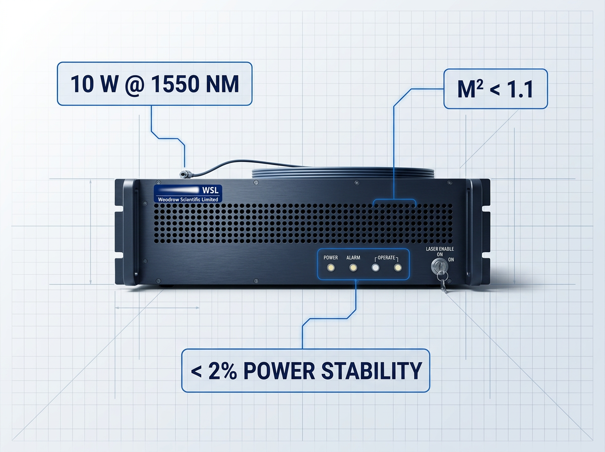 Rack-mounted EDFA unit with three specification callouts: 10 W @ 1550 nm output power, M² < 1.1 beam quality, and < 2% power stability, connected by blue lines to relevant chassis components.
