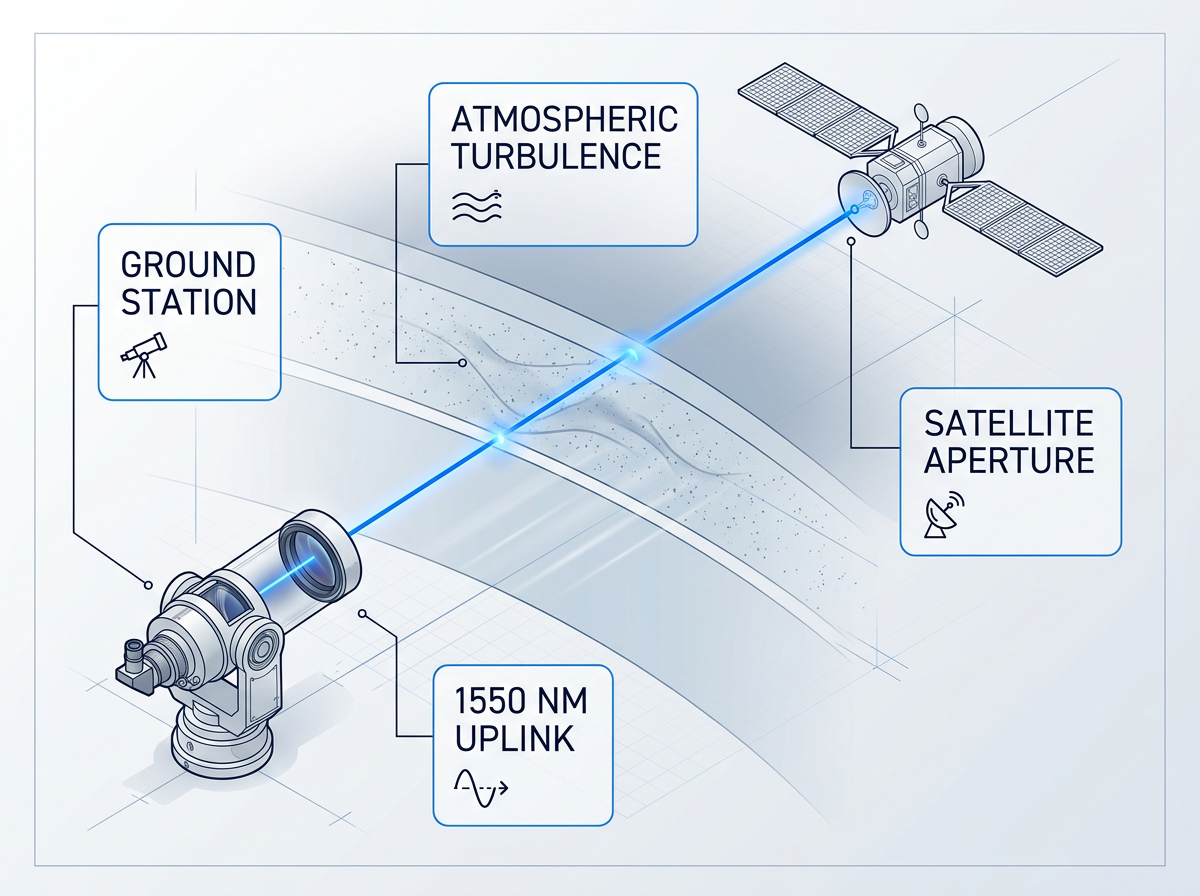 Stylized technical diagram showing ground station telescope directing electric blue laser beam upward through three atmospheric layers toward satellite in orbit, with labeled containers identifying ground station, atmospheric turbulence zone, satellite aperture, and 1550 nm uplink wavelength.