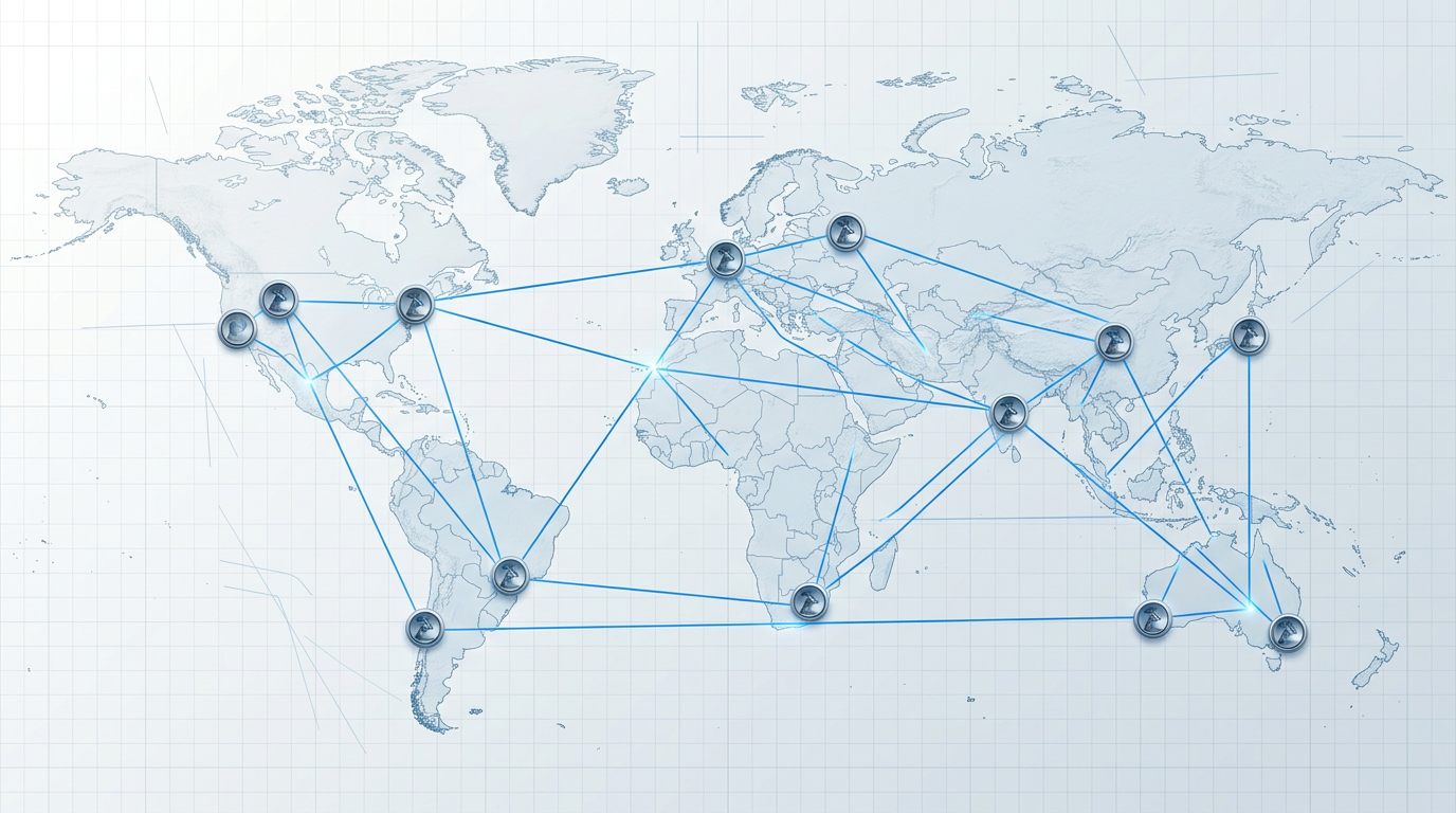 Top-down map view of geographically distributed optical ground station nodes across continents, connected by electric blue network lines indicating coordinated free-space optical communication diversity architecture.