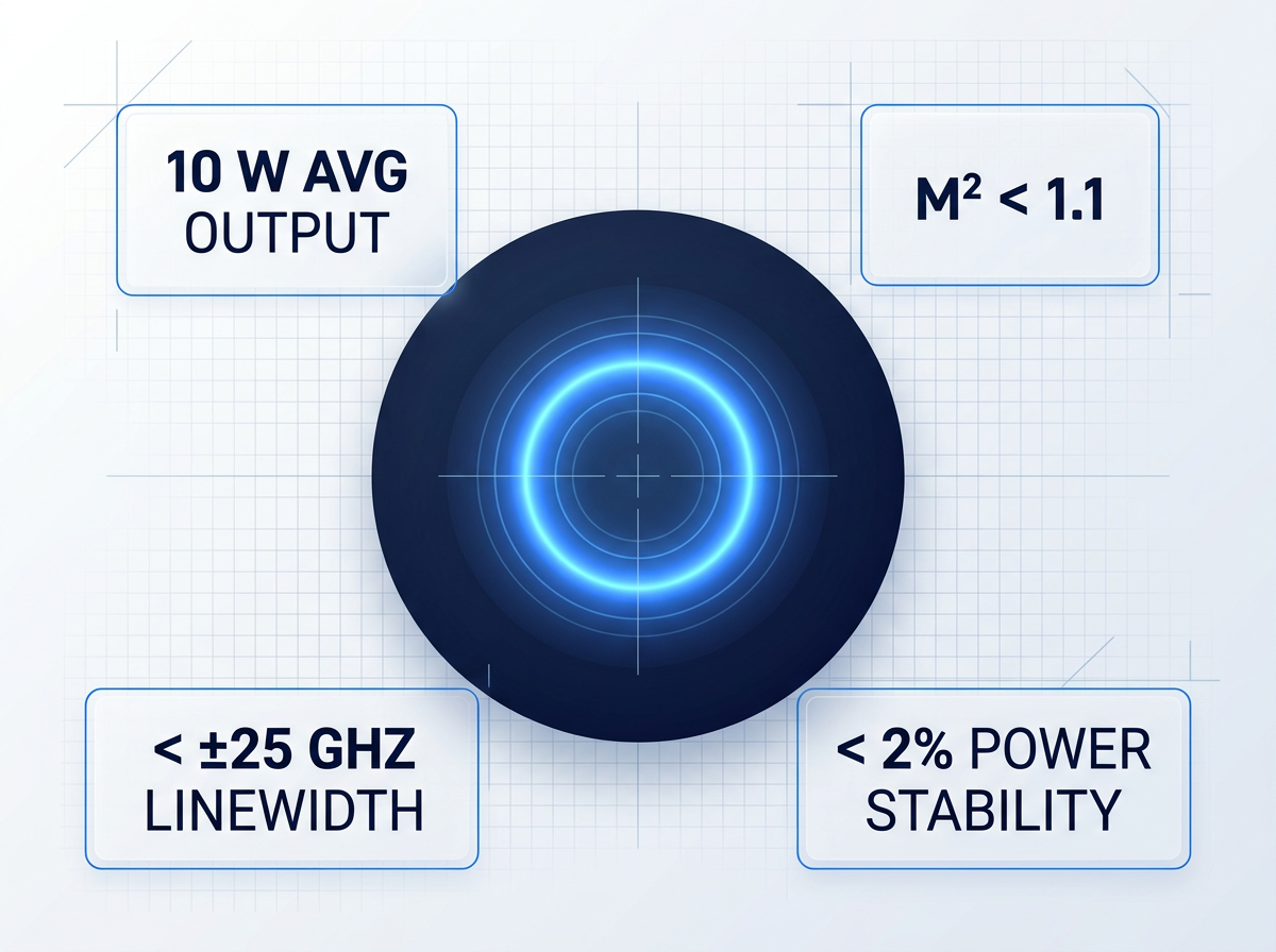 Stylized cross-sectional diagram of a fiber amplifier output beam with concentric electric blue intensity rings centered on dark background, surrounded by four specification badges displaying 10 W average output, M² < 1.1, < ±25 GHz linewidth, and < 2% power stability.