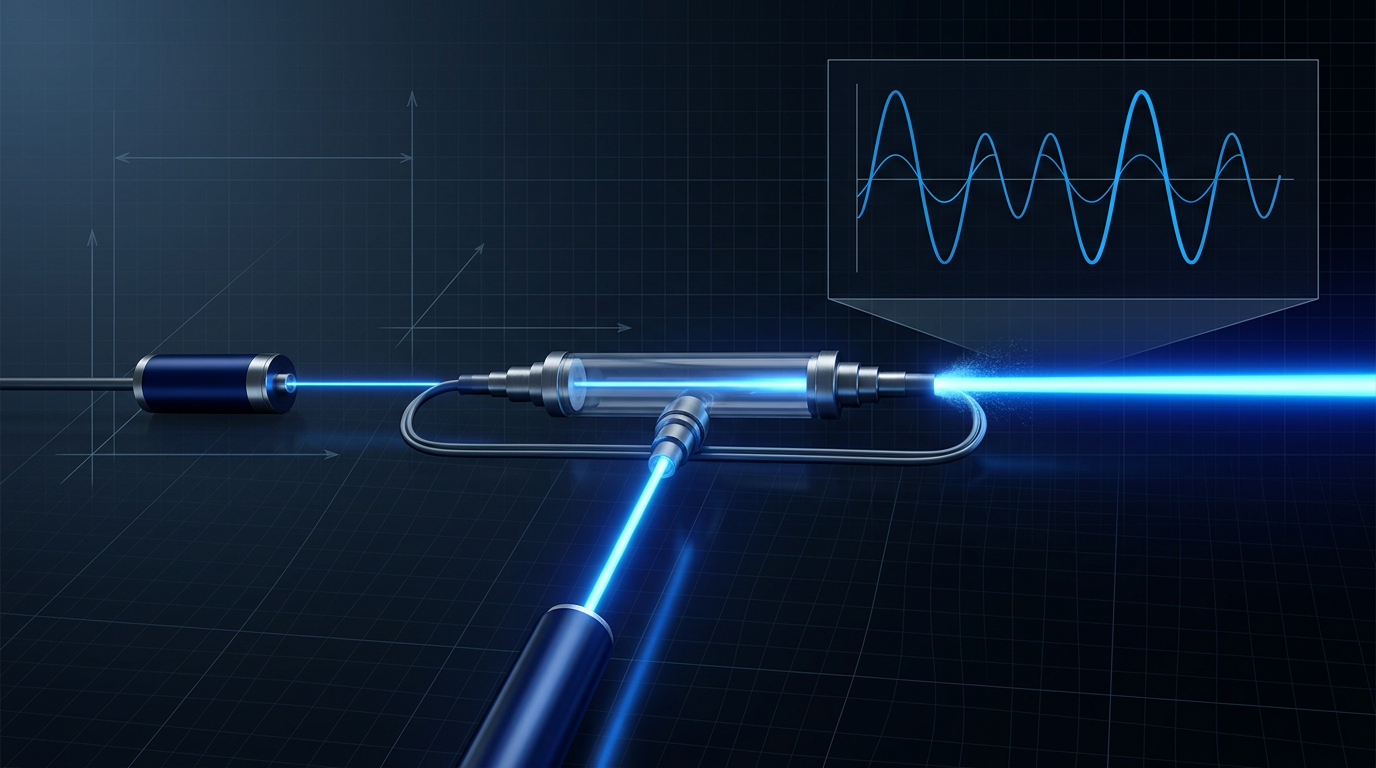 MOPA amplification system showing seed laser on left feeding low-power beam into erbium-doped gain fibre at centre, with 976 nm pump laser injecting from below, and high-power amplified output beam on right. Inset waveform shows beacon and data signals nested in single output beam.