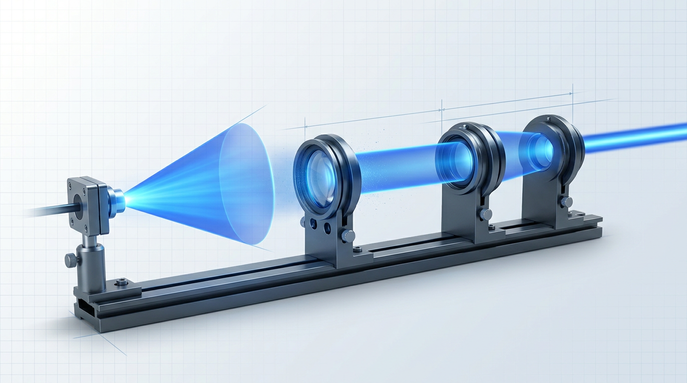 Three-stage laser beam conditioning optical system: divergent laser source on left, collimation optics in center converting cone to parallel beam, beam expander on right producing tightly collimated output with electric blue glow.