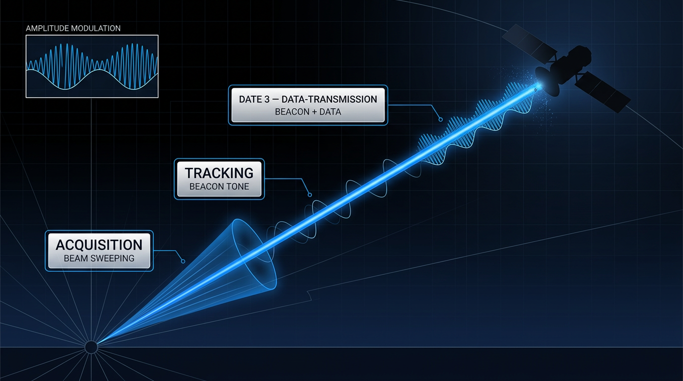 Three-stage laser communication diagram: acquisition stage with sweeping beam cone, tracking stage with steady beam and low-frequency beacon tone, data-transmission stage with layered waveform showing nested beacon and data signals on single beam path to satellite.