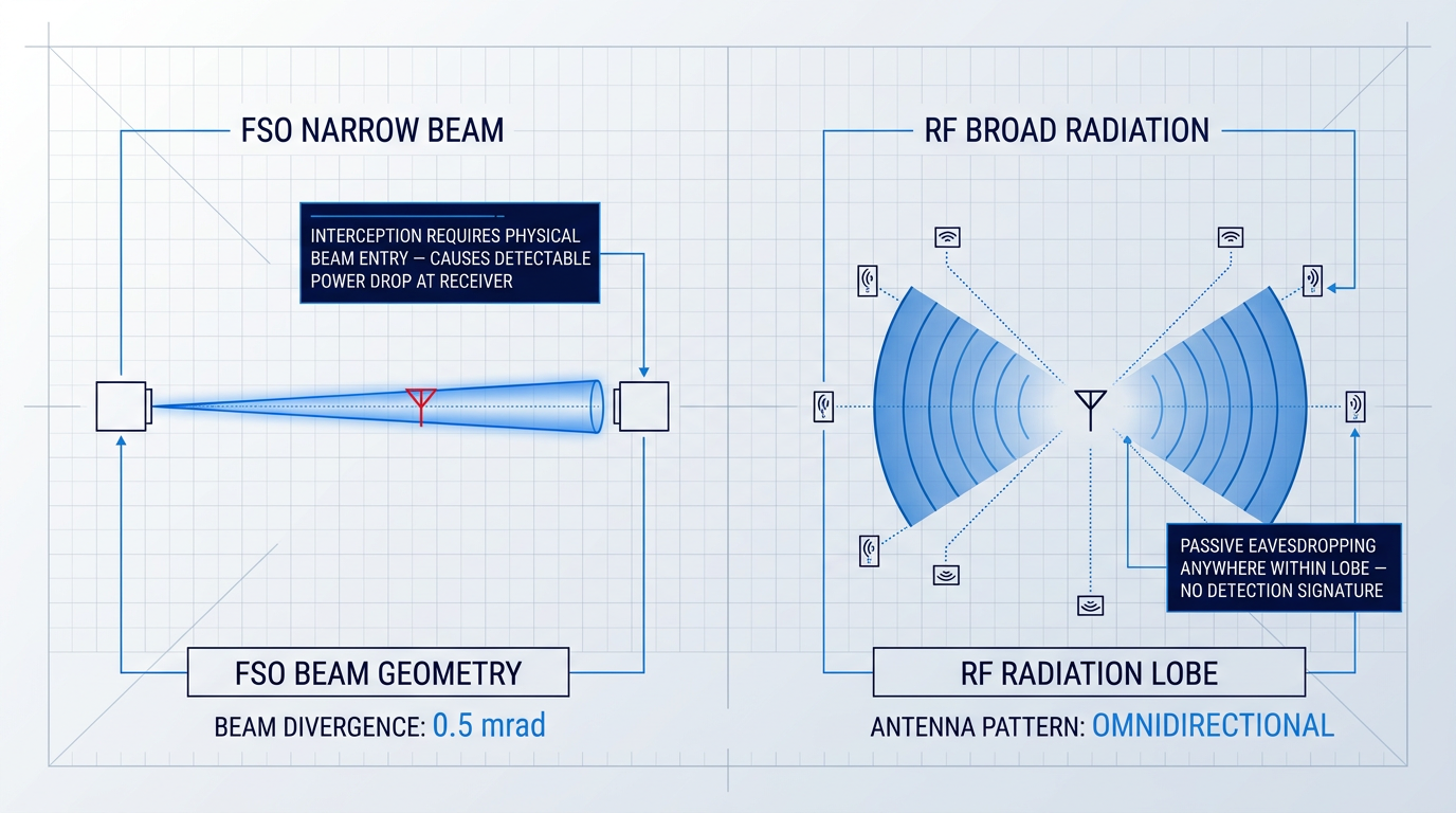 Side-by-side comparison of FSO narrow-beam geometry (left) versus RF broad radiation pattern (right), showing why FSO interception requires physical beam entry while RF eavesdropping is passive.