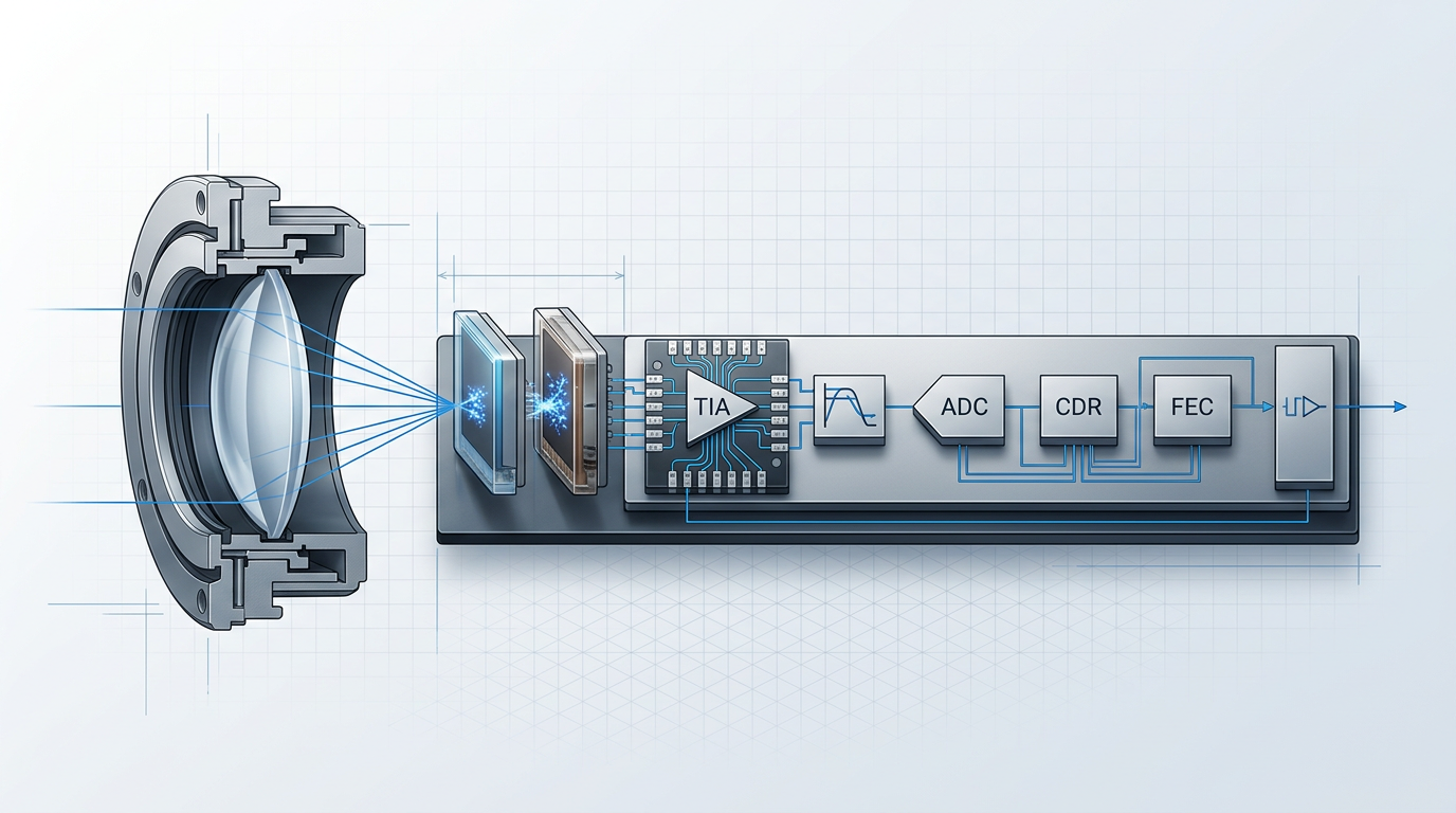 Isometric cross-section schematic of free-space optical receiver architecture showing signal path from receive aperture through photodetector, transimpedance amplifier, and signal processing chain to recovered data output, rendered with precise mechanical detail and electric blue accent lines on light technical background.