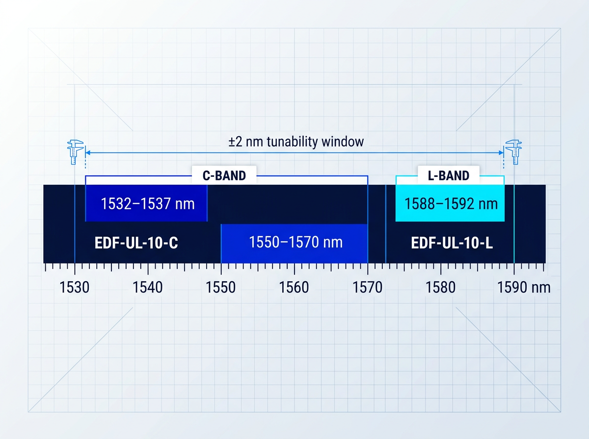 Horizontal spectral wavelength axis showing C-band (1532–1537 nm and 1550–1570 nm) and L-band (1588–1592 nm) ranges with model numbers EDF-UL-10-C and EDF-UL-10-L, including ±2 nm tunability bracket.