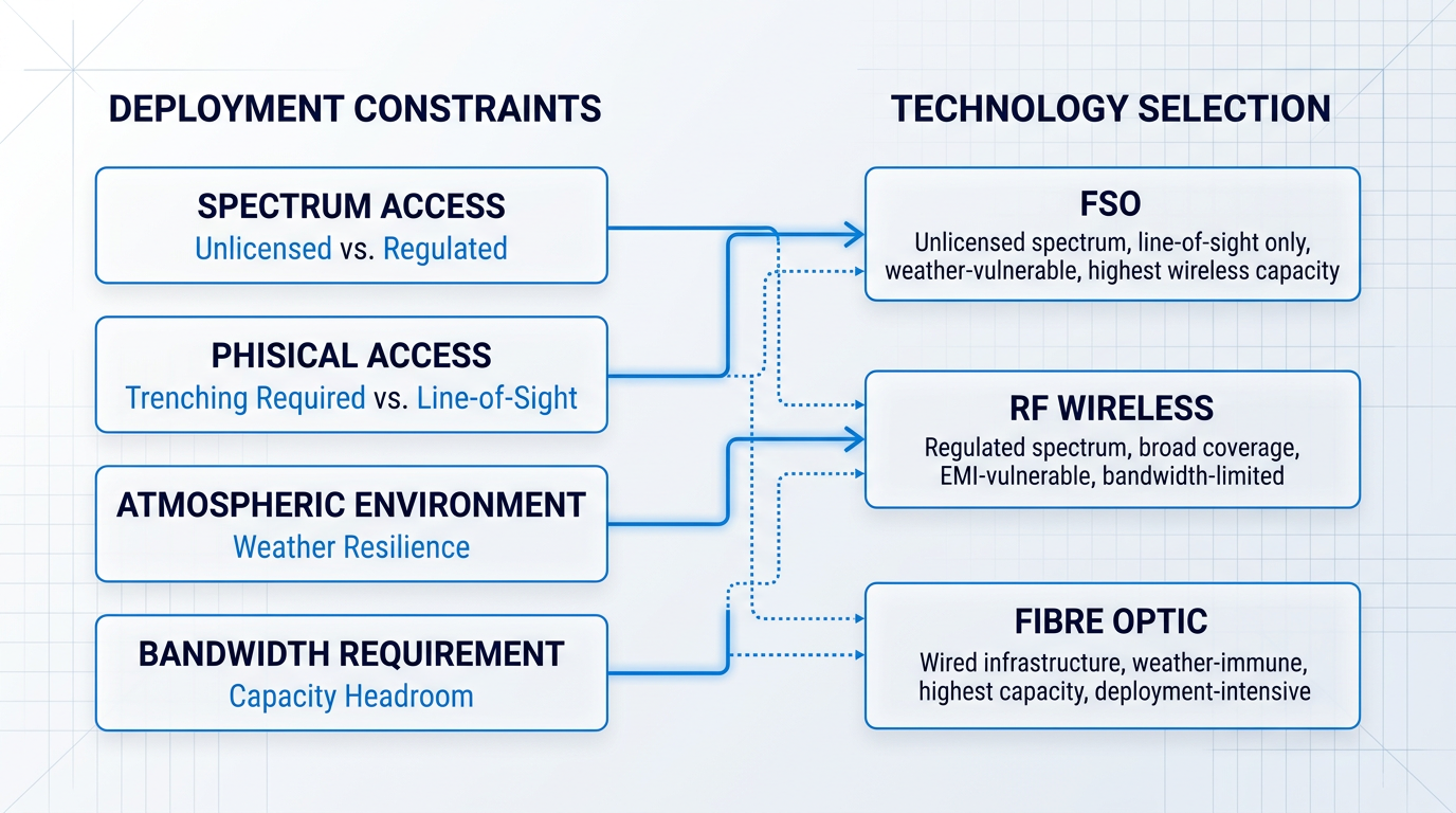 Decision framework diagram with three columns: deployment constraints (spectrum access, physical access, atmospheric environment, bandwidth requirement) connected via routing arrows to three technology solutions (FSO, RF wireless, fibre optic) with their respective characteristics.