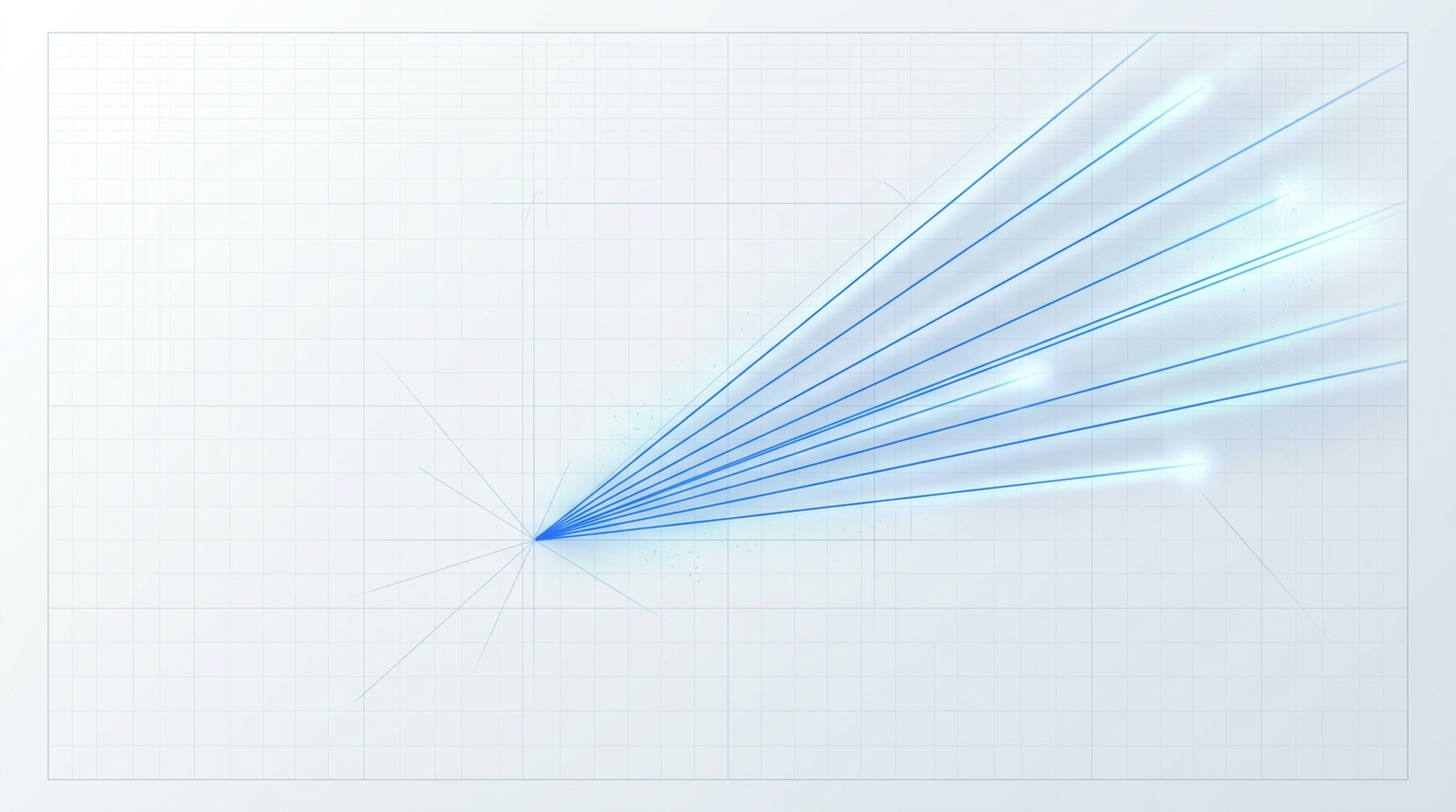 Abstract laser beam propagation through atmosphere with electric blue light rays emanating diagonally across a light technical background, surrounded by soft scattering halos suggesting free-space optical signal interaction with atmospheric particles.