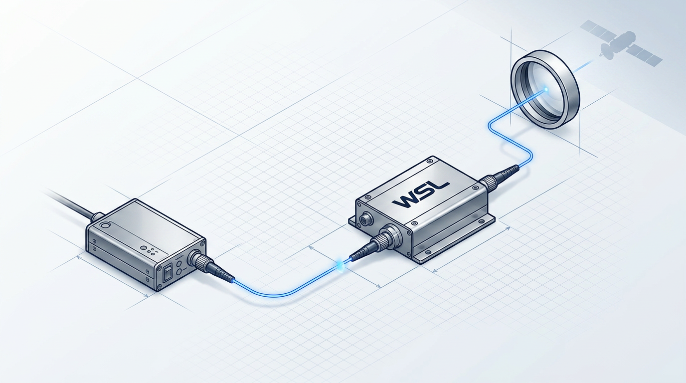 Technical schematic showing external transmitter connected via optical signal path to WSL EDFA amplifier, with output directed toward telescope aperture aimed at satellite for free-space optical communication.