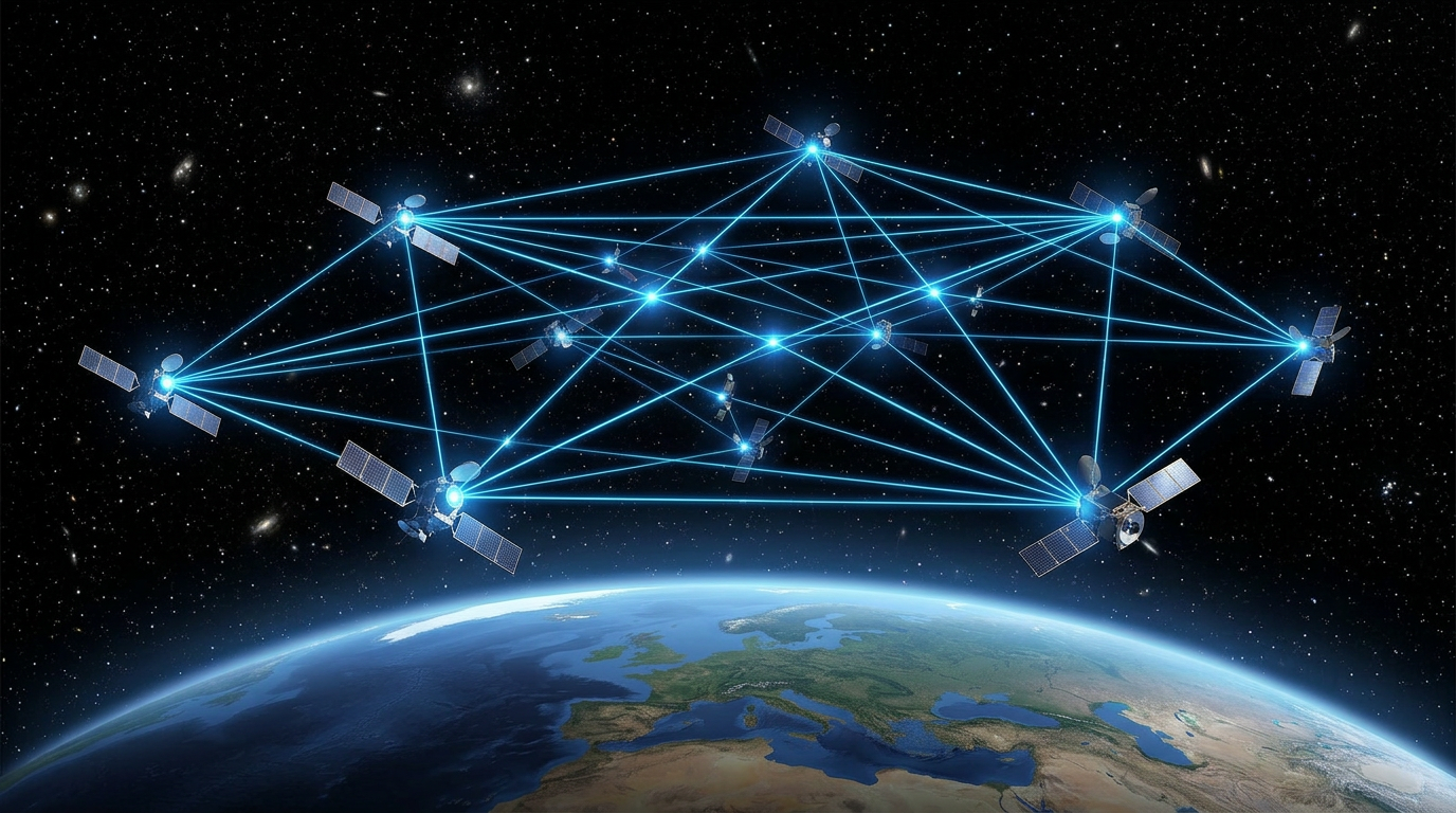 Optical satellite constellation in low Earth orbit with 8-12 spacecraft connected by glowing electric blue laser link lines forming an active network mesh, Earth's curved horizon visible below against deep space.