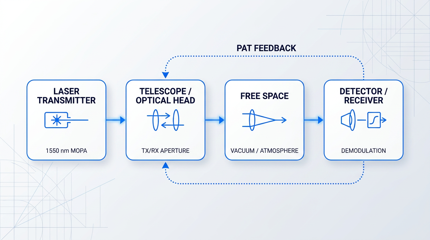 Four-stage signal chain diagram of OCT architecture: laser transmitter at 1550 nm, telescope optical head as transmit/receive aperture, free space propagation path, and detector receiver with demodulation. Feedback loop from detector back to telescope shows pointing acquisition and tracking control.