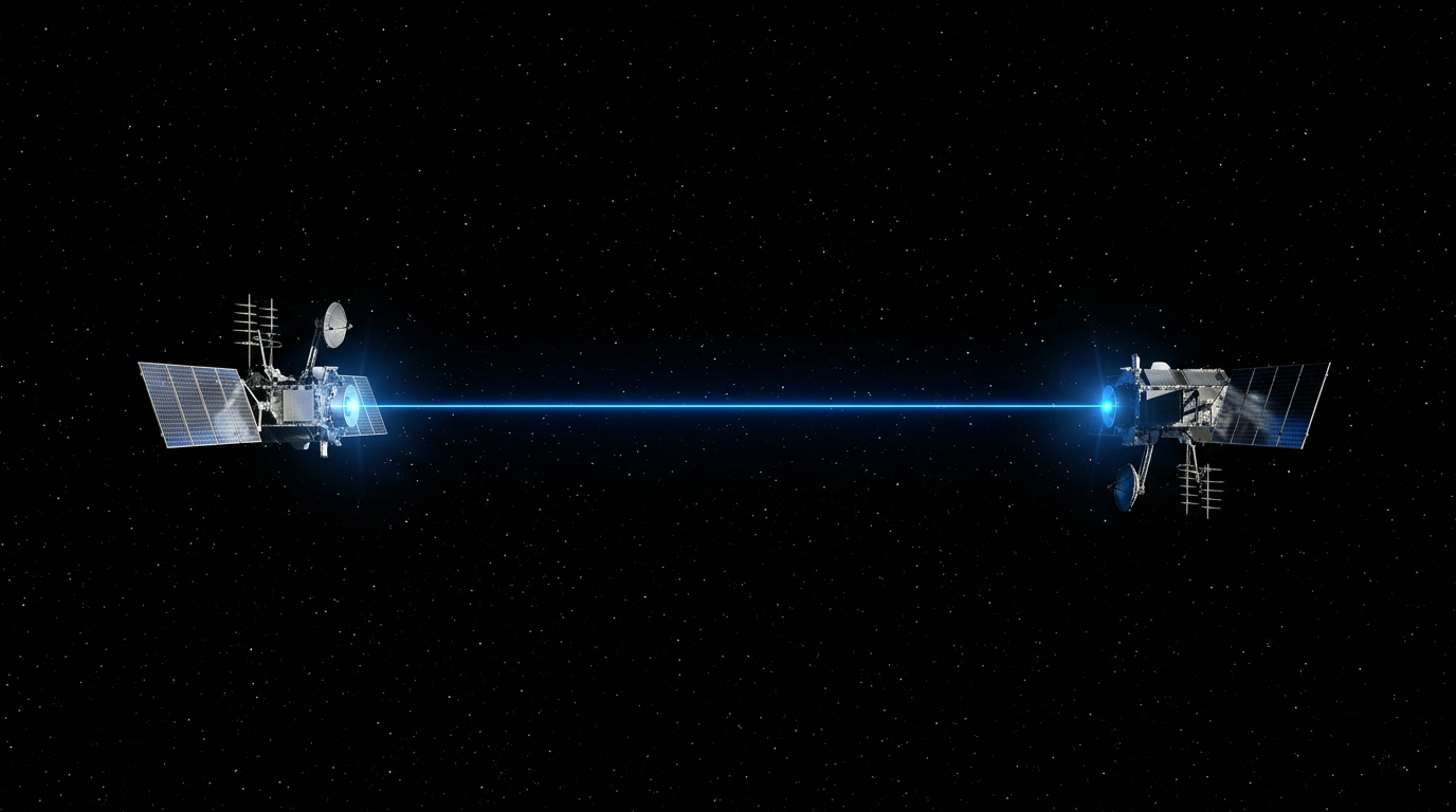 Two satellites in low Earth orbit connected by a narrow electric blue laser beam across deep space vacuum, with stars visible in the background.