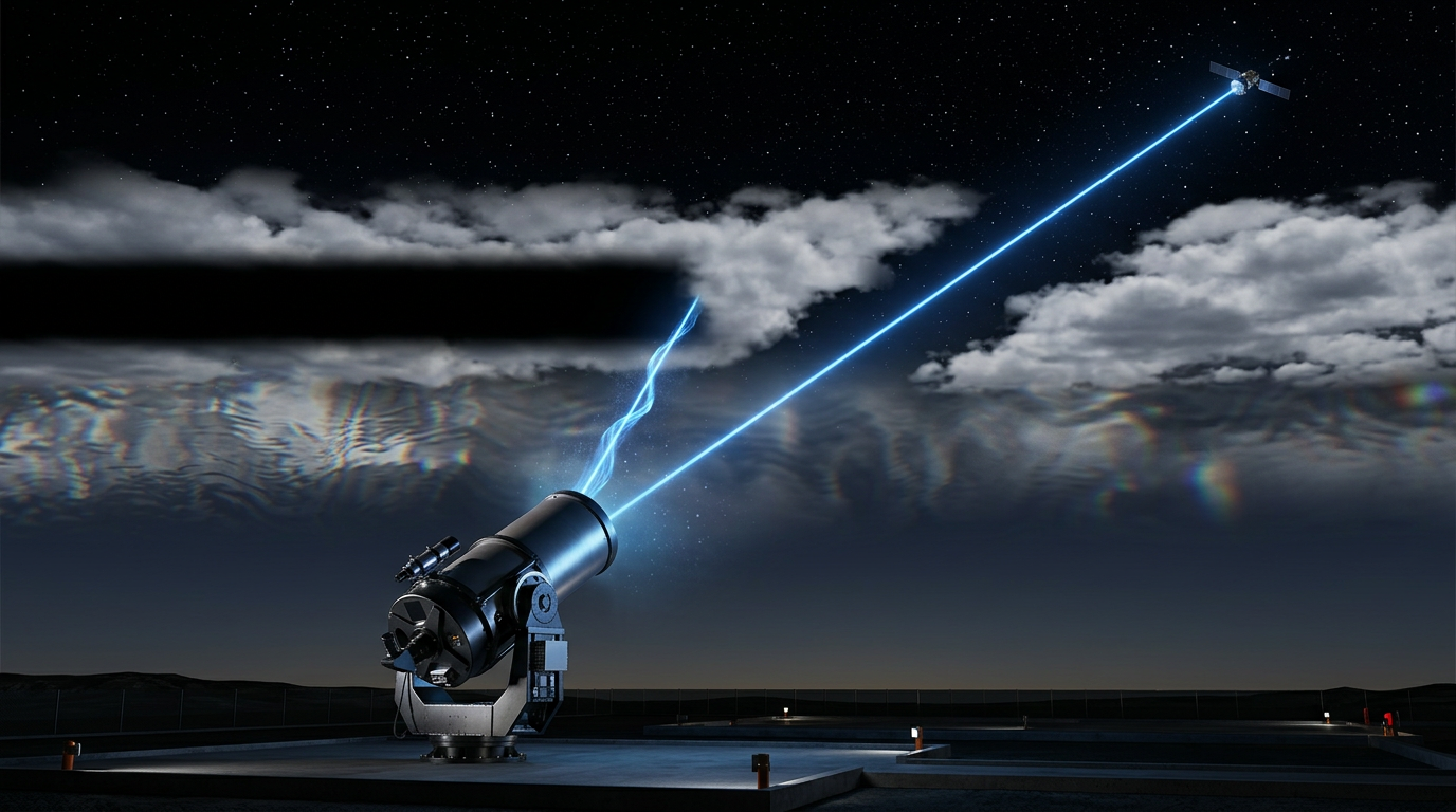 Ground-station telescope at night projecting two laser beams upward through Earth's atmosphere. Left beam distorts and scatters through turbulent lower atmosphere, then blocks completely at opaque cloud cover. Right beam travels cleanly through clear atmospheric corridor and reaches satellite in orbit.