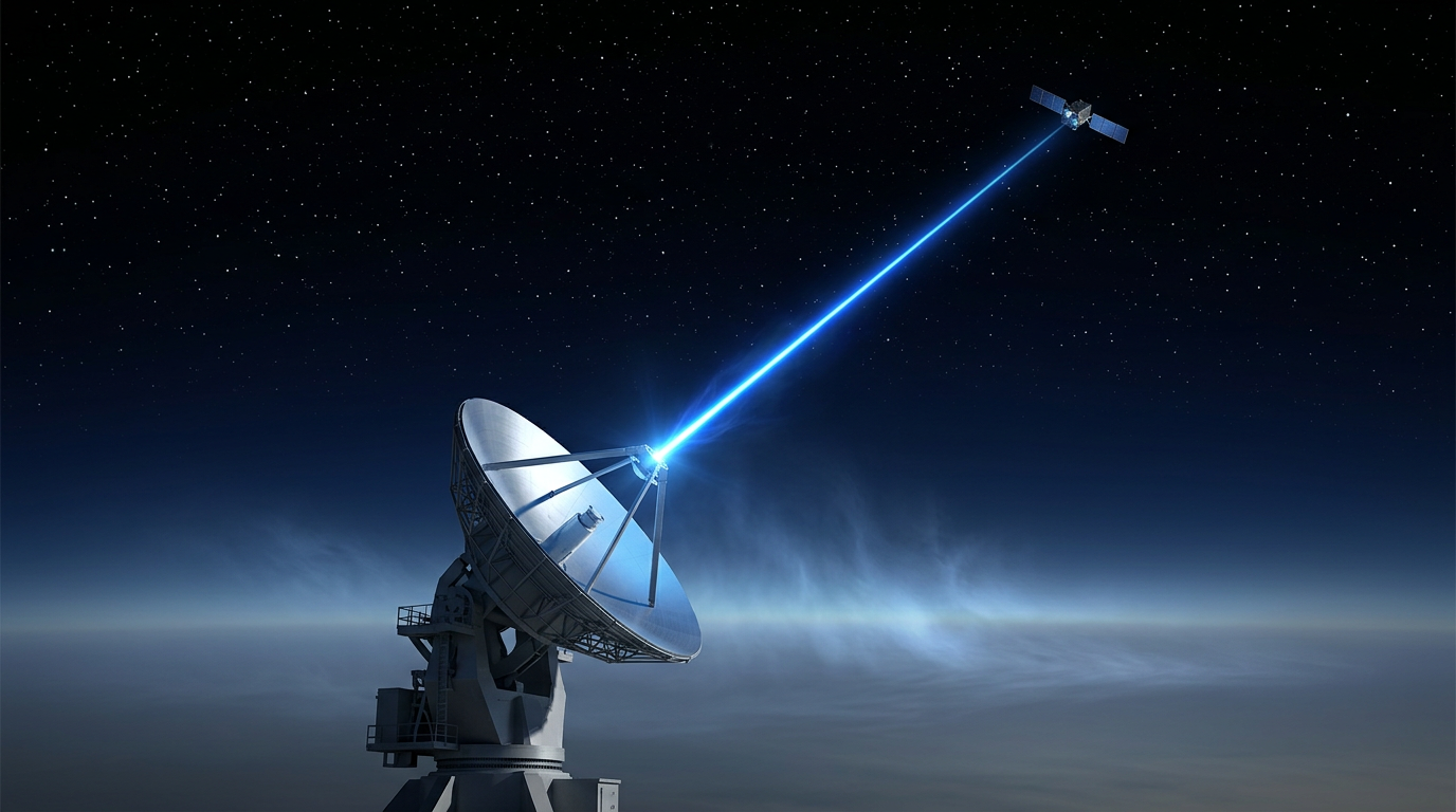 Large optical ground station telescope dish pointed skyward at night, emitting a vivid electric blue laser beam upward through a hazy atmosphere toward a satellite in the starfield above.