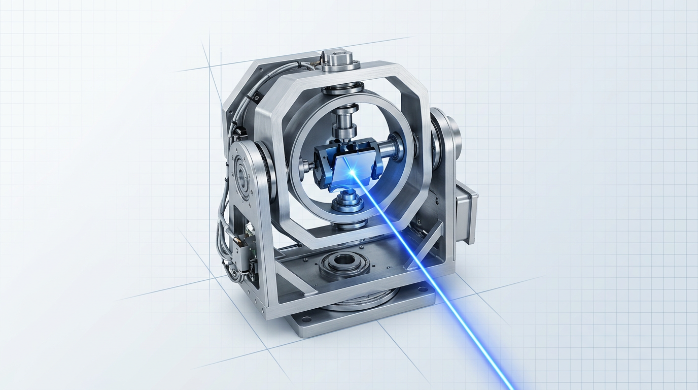 Precision spacecraft optical communication terminal showing two-stage pointing assembly: mechanical gimbal structure for coarse angular motion and fast steering mirror for fine residual correction, with uplink beacon beam arriving from below.