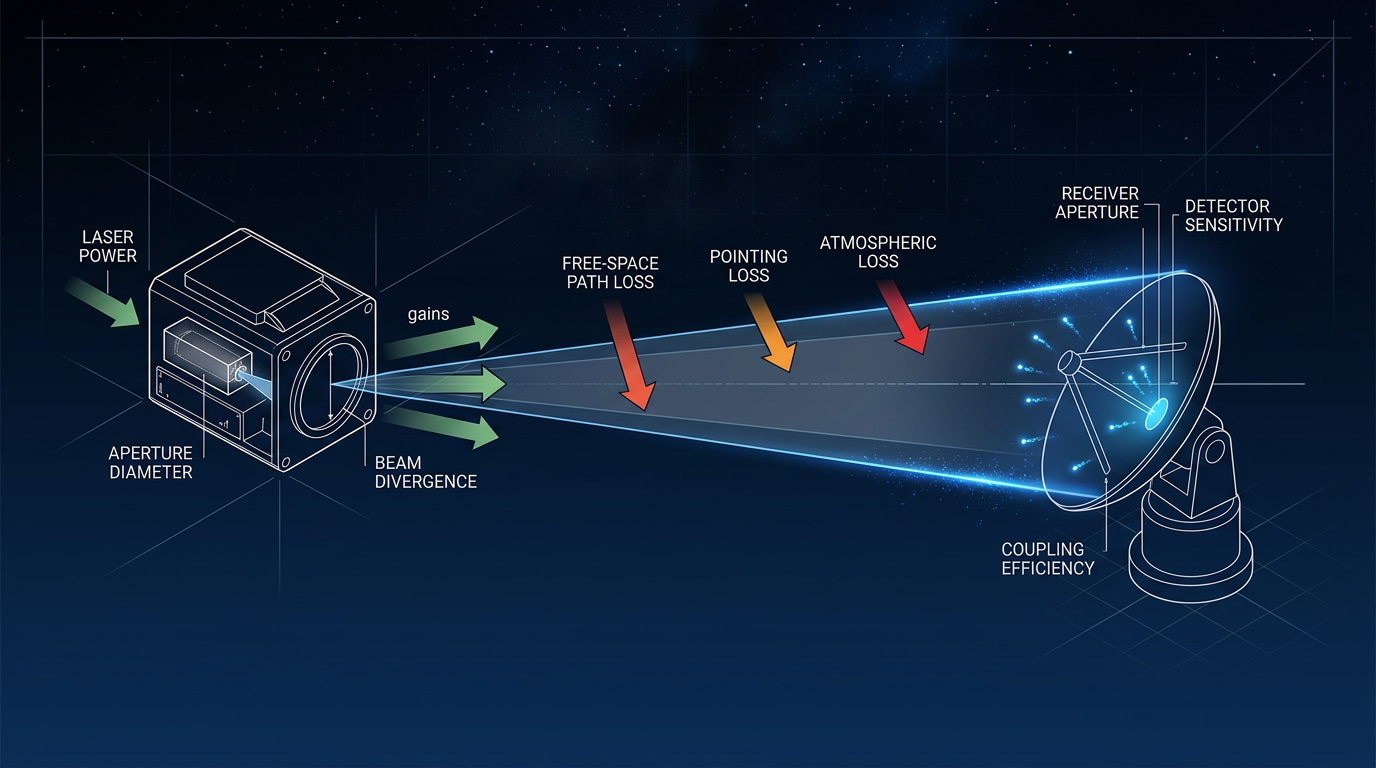 Technical diagram showing optical link budget flow: spacecraft transmitter on left with laser power and aperture labels, expanding beam cone in center with free-space path loss and pointing loss indicators, ground receiver on right with aperture and detector sensitivity labels.